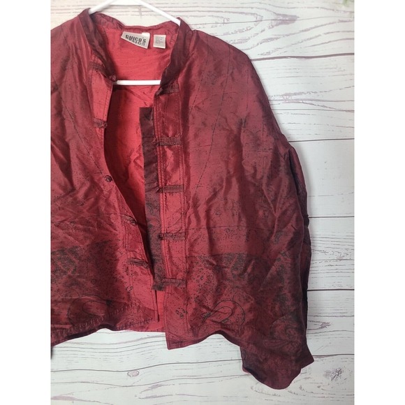 Chico's Design Burgundy Button Loop 100% Silk Casual Blazer Jacket Womans Size 2 - Picture 3 of 4